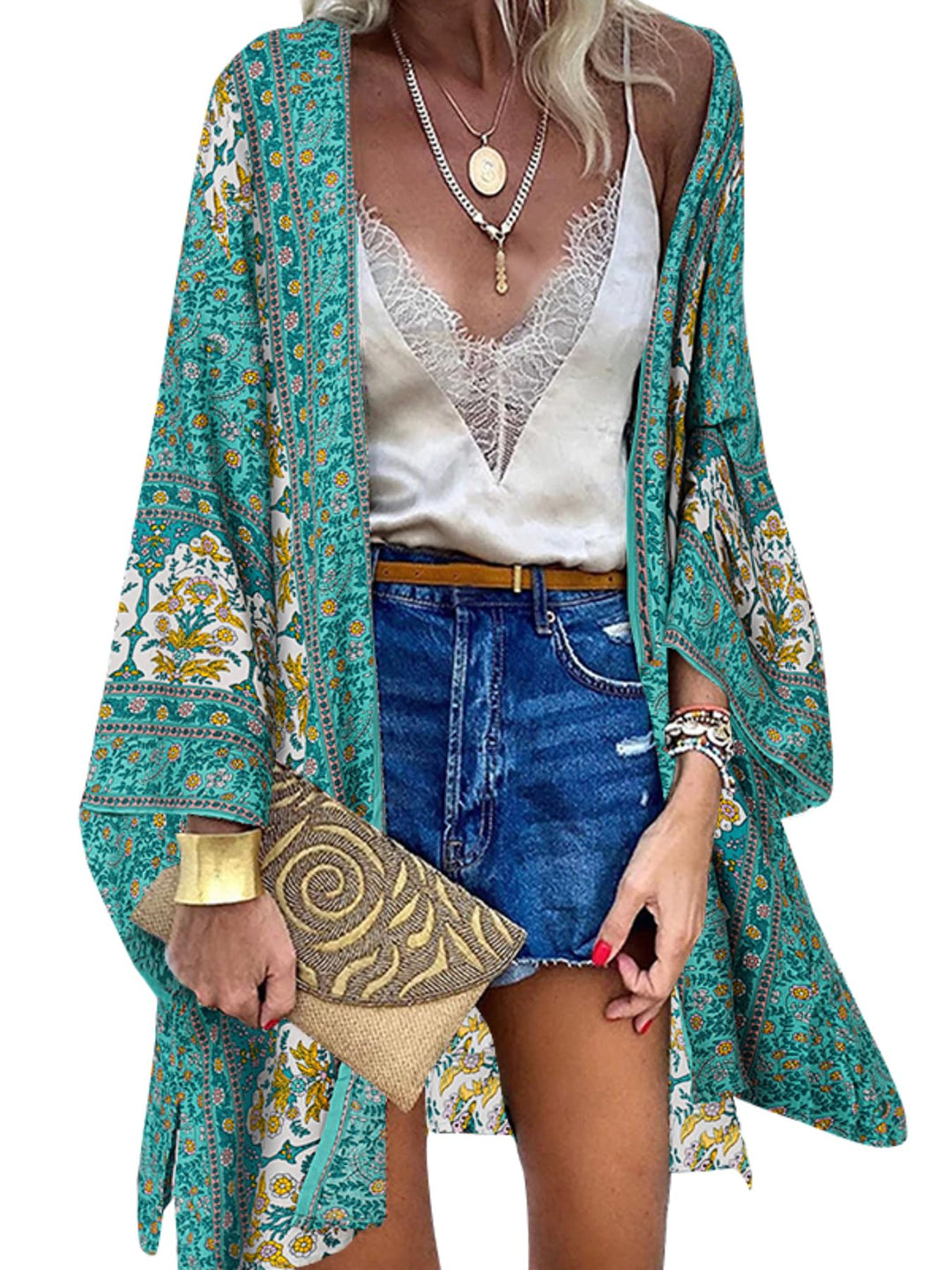 ZANZEA Damen Blumendruck Kimono Strickjacke Boho Strandkleid Pareos Poncho Sommer Strand Cardigan Bi