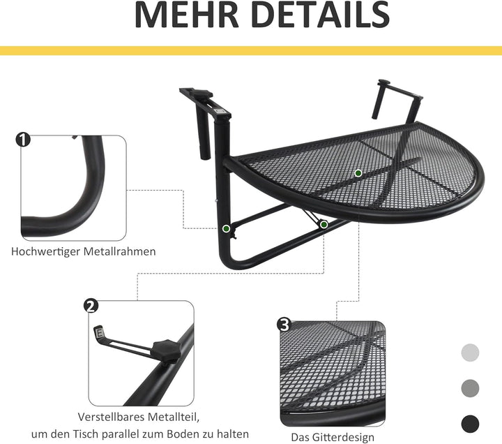 Outsunny Balkonhängetisch Hängetisch Gartentisch höhenverstellbar halbrund Ø30 cm Terrasse Metall We