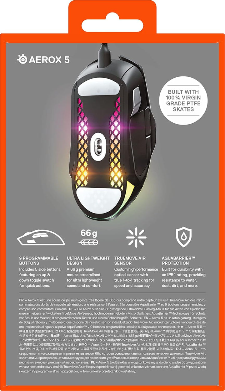 SteelSeries Aerox 5 Gaming-Maus – Ultraleichte 66 g – 9 programmierbare Tasten – Wasserbeständig nac