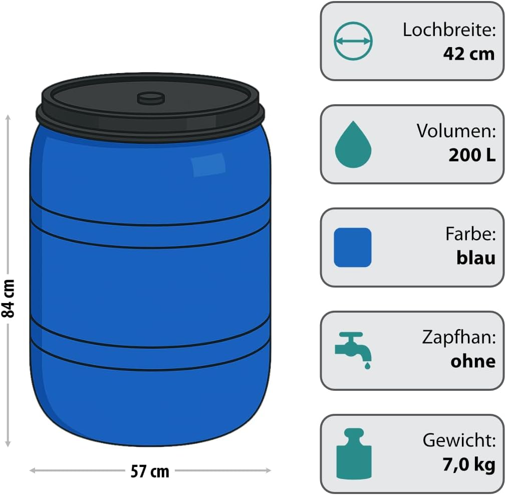 Sterk Plast B200F Fass Durchmesser 55 cm, Fassungsvermögen 200 Liter, Blau