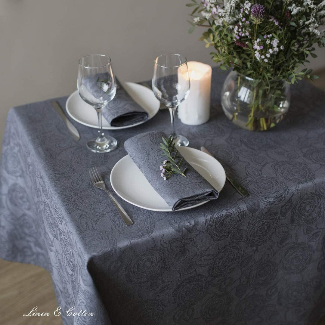 Linen & Cotton Jacquard Tischdecke Tischtuch Tischwäsche Roseus Damast Muster - 100% Leinen, Grau (1