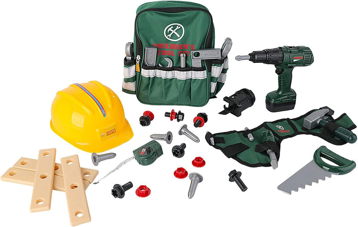 deAO Werkzeugkoffer Kinder, Werkzeug Spielzeug Set mit Elektrische Bohrmaschine, Rucksack, Helm und