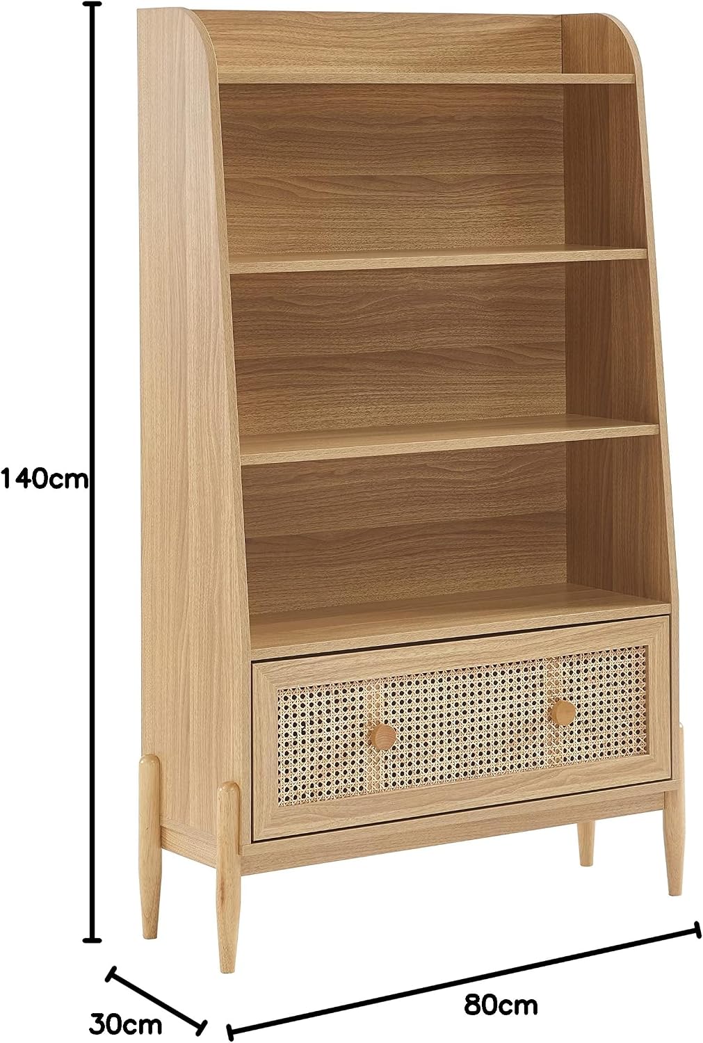 BAÏTA Kinderregal Pablo Eichenoptik und Rattangeflecht, H140cm, Buchenholz