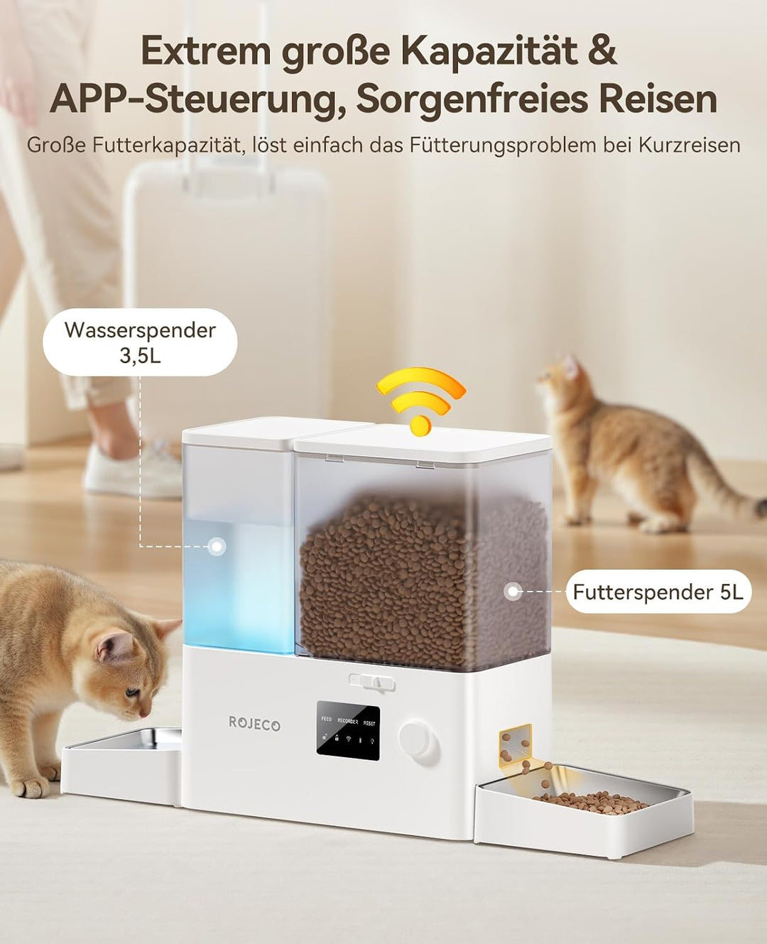 ROJECO Futterautomat Katze und Trinkbrunnen 2-in-1 mit APP WiFi Timer 8,5L katzenfutter automat(5L+3