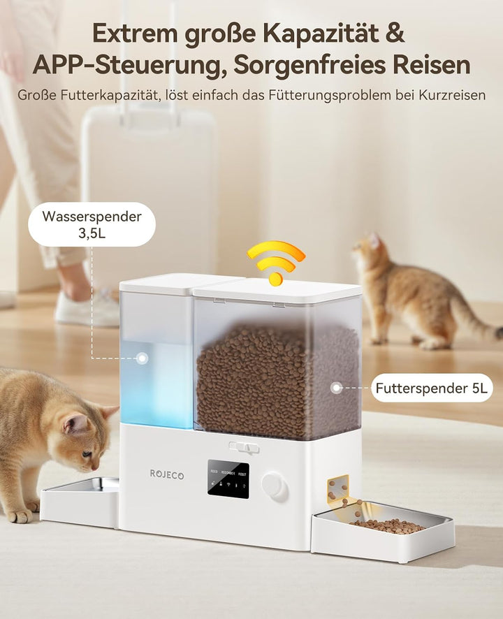ROJECO Futterautomat Katze und Trinkbrunnen 2-in-1 mit APP WiFi Timer 8,5L katzenfutter automat(5L+3