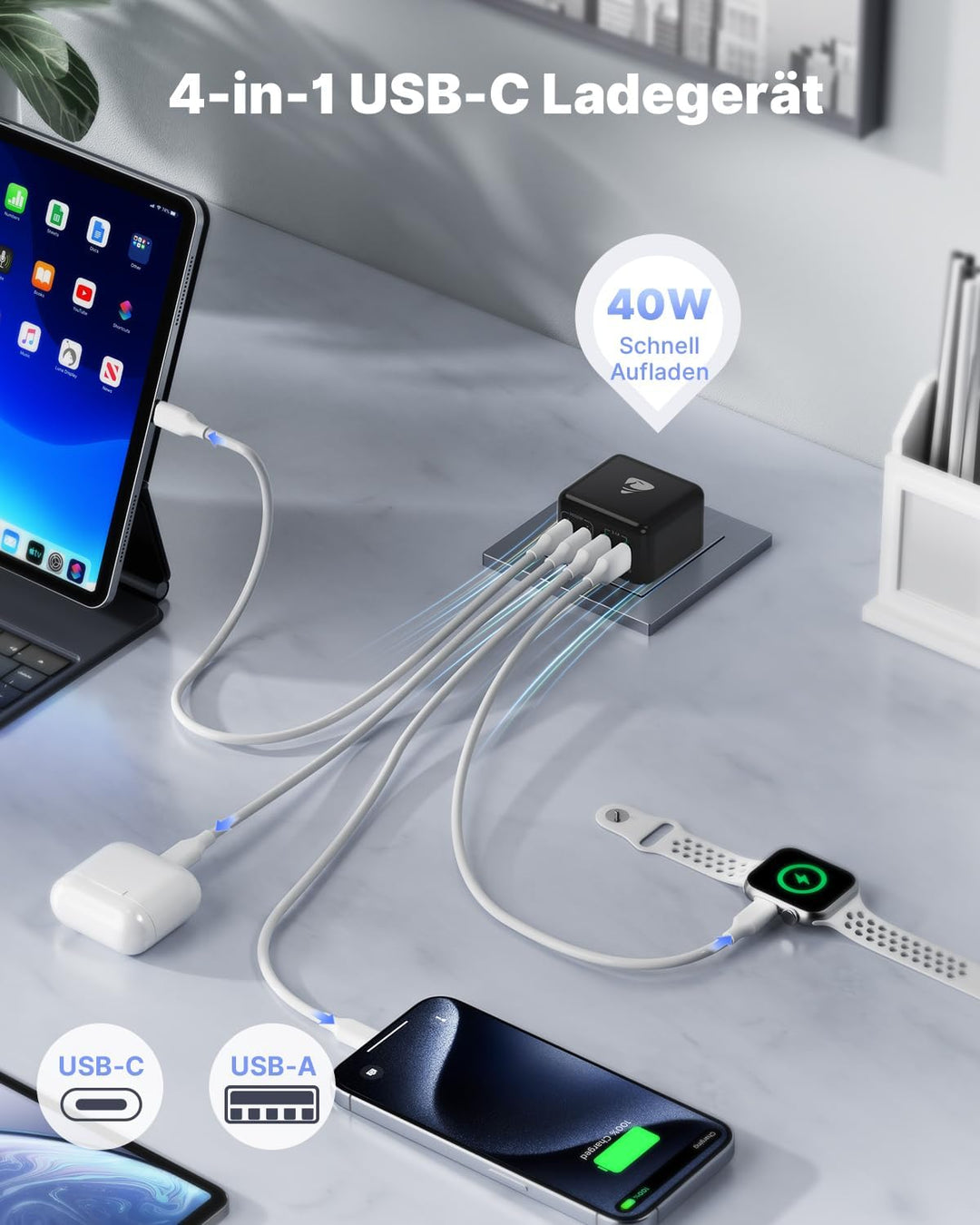 USB Ladegerät, 40W 4-Port USB C Ladegerät iPhone 15 Schnellladeblock USB C Adapter Dual Port PD+QC W