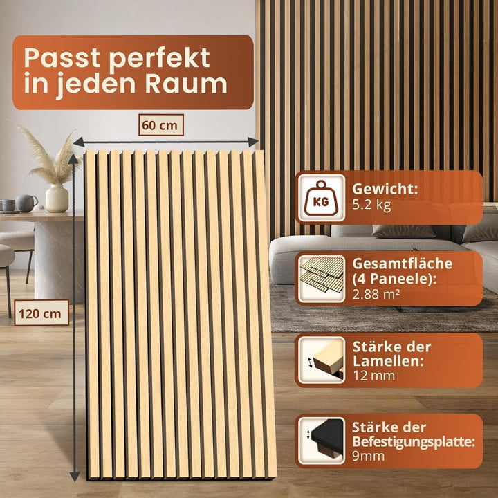 NEU.HOLZ Akustik Wandpaneele Vang 4er Set Wandverkleidung zum Kleben und Schrauben 2,88 m² Holzfurni