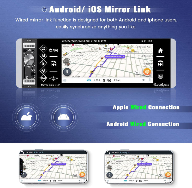 1 Din CAMECHO Autoradio mit Wireless Apple Carplay & Android Auto, 5,1 Zoll Single Din IPS Auto Radi