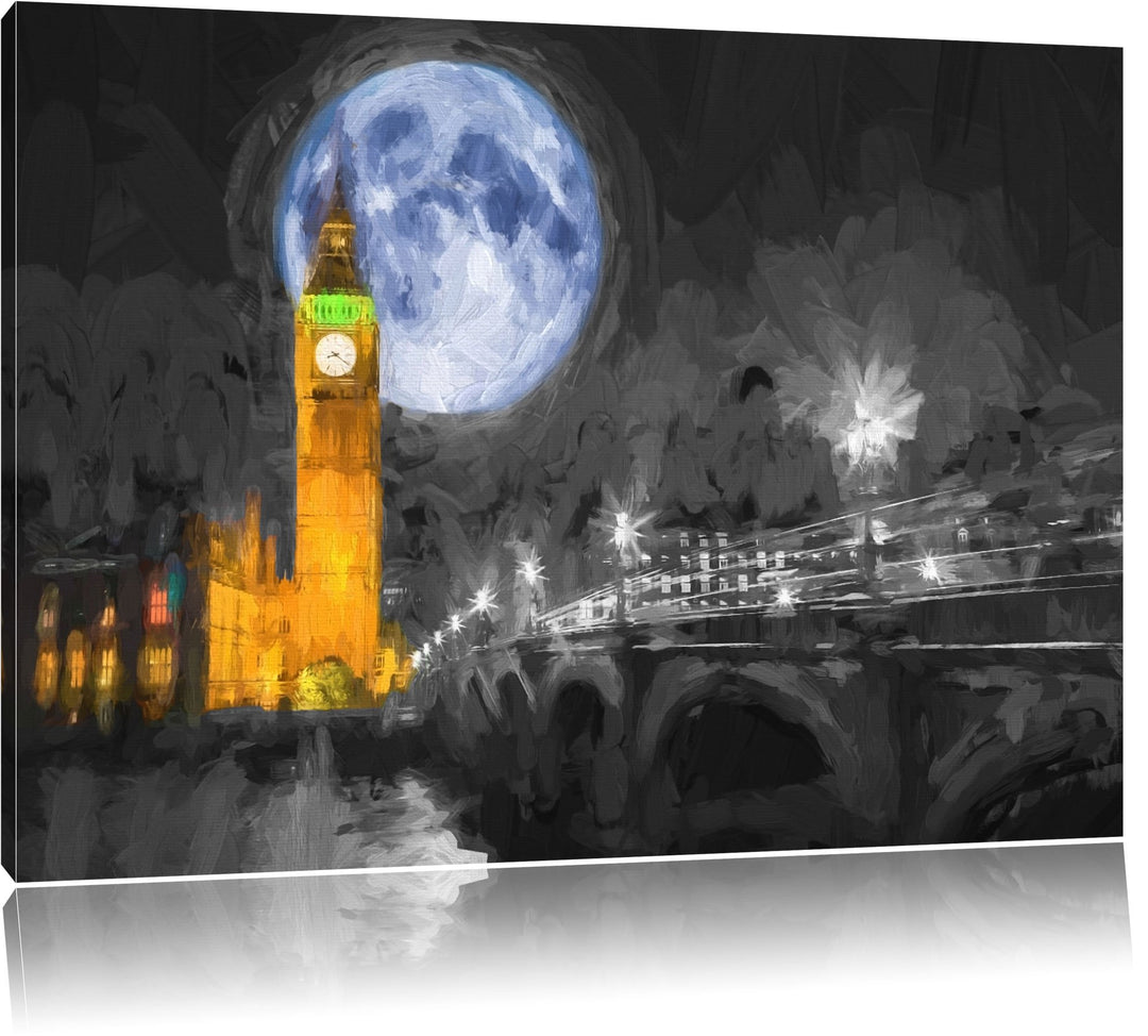 schöner Mond hinter der Big Ben in London Format: 100x70 auf Leinwand, XXL riesige Bilder fertig ger