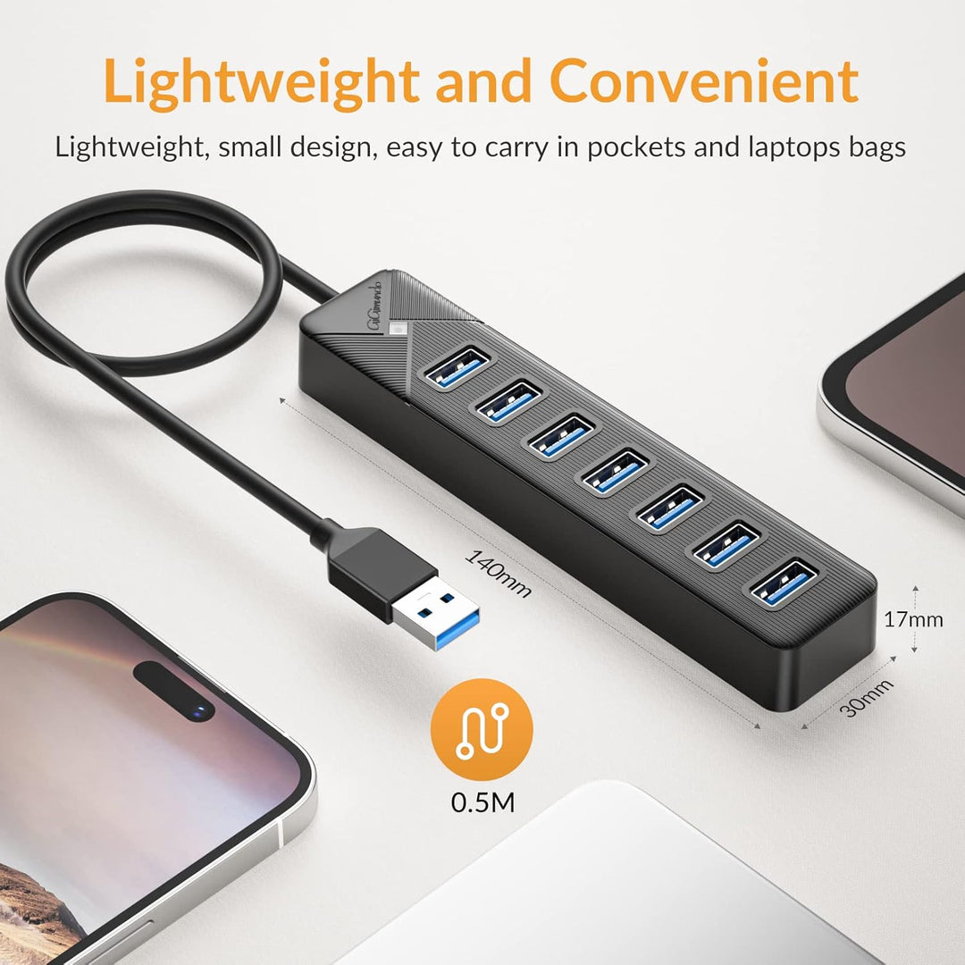 GiGimundo PG7U USB Hub 3.0, 7-Port USB Verteiler, 50CM Kabel mit 5V/3A Stromeingang, Mehrfach USB St