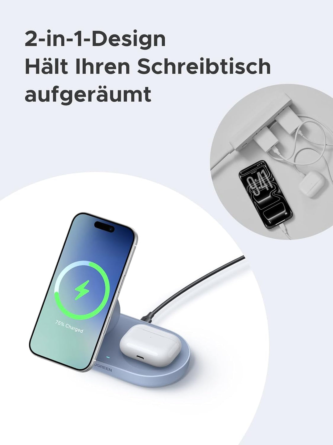 UGREEN 2-in-1 Magnetisches Kabelloses Ladegerät 15W, Qi2 zertifizierte iPhone Ladestation kompatibel