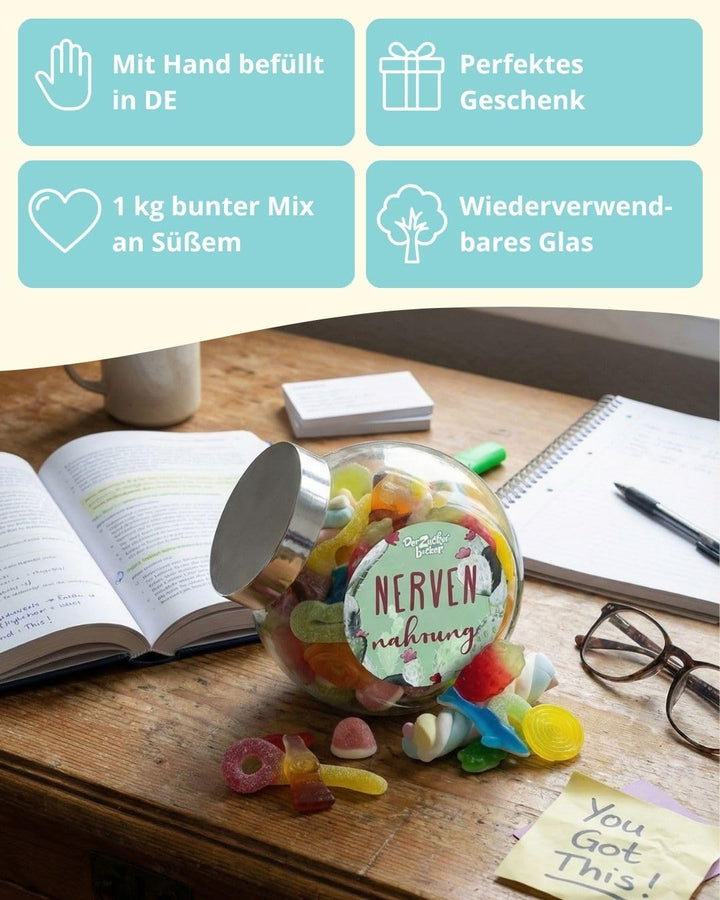 Nervennahrung Süssigkeiten-Glas – leckere Süssigkeiten-Mischung in schönem Schräghalsglas, 1000 g, N