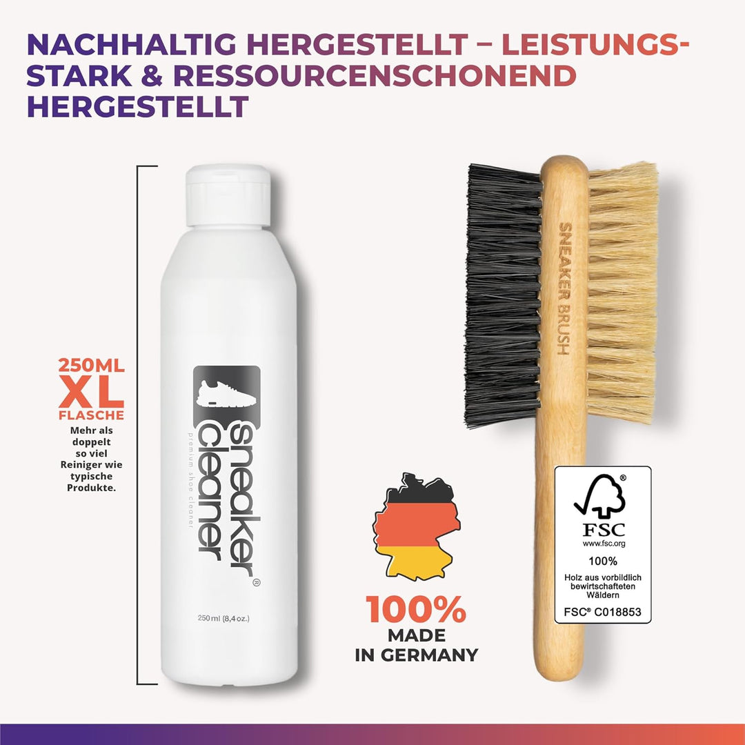 Reinigungsset für alle Schuharten. 250ml effektiver Schuh-Reiniger + beidseitiger Naturholzbürste (w