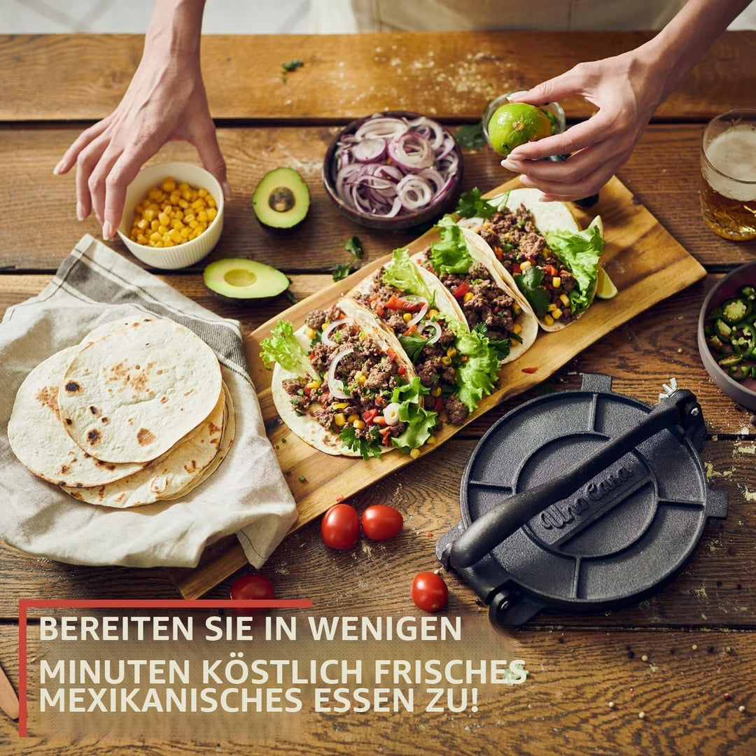 Uno Casa Tortilla Presse 25 cm aus Gusseisen – Taco Presse und Roti Maker - Plus 100 Blatt Backpapie