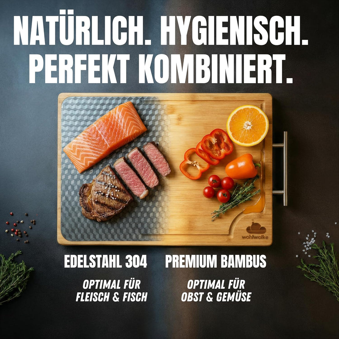 Doppelseitiges Schneidebrett Edelstahl & Bambus | Küchenbrett mit Saftrille & Metallgriff | Holzbret