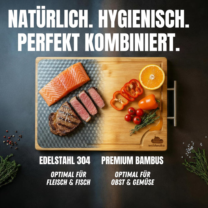 Doppelseitiges Schneidebrett Edelstahl & Bambus | Küchenbrett mit Saftrille & Metallgriff | Holzbret