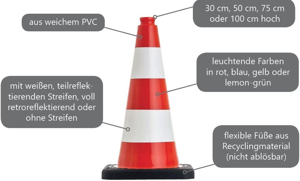 UvV Flex Leitkegel 50 oder 75 cm standsichere schwere Pylonen für Sport, Parkplatz, Events, Lager- u