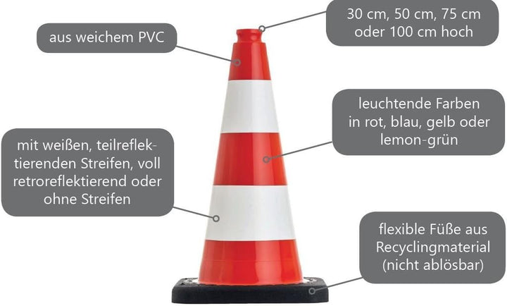 UvV Flex Leitkegel 50 oder 75 cm standsichere schwere Pylonen für Sport, Parkplatz, Events, Lager- u
