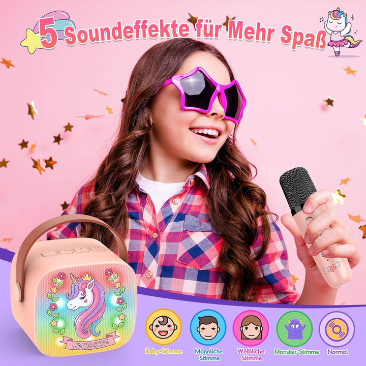 Dislocati Karaoke Maschine mit 2 Bluetooth Mikrofon Kinder, Einhorn Geschenk für Mädchen 3-12 Jahre