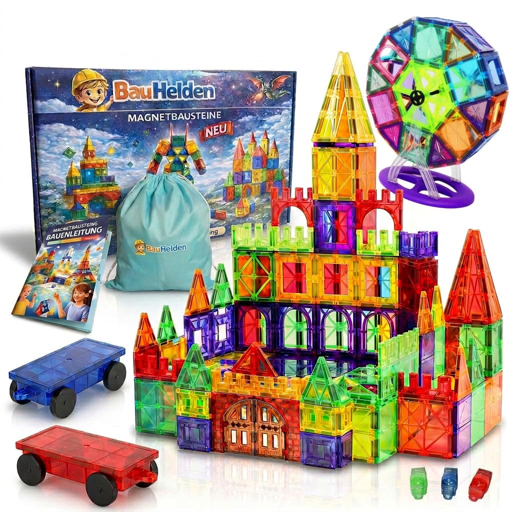BauHelden Magnetbausteine Set, 180 Teile, Magnetische Bausteine, BPA Frei, Deutsche Bauanleitung, Kr
