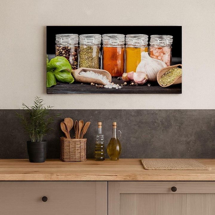 Wandbilder Dekoration Wohnzimmer Gewürze Knoblauch Holz Salz Panorama Bilder auf Leinwand 120x50cm L
