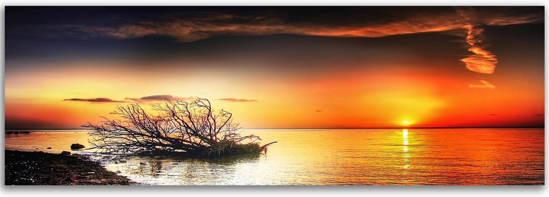Feeby. Leinwandbild, Bilder, Wand Bild, Wandbilder, Kunstdruck 100x40 cm, SONNENUNTERGANG, MEER, NAT