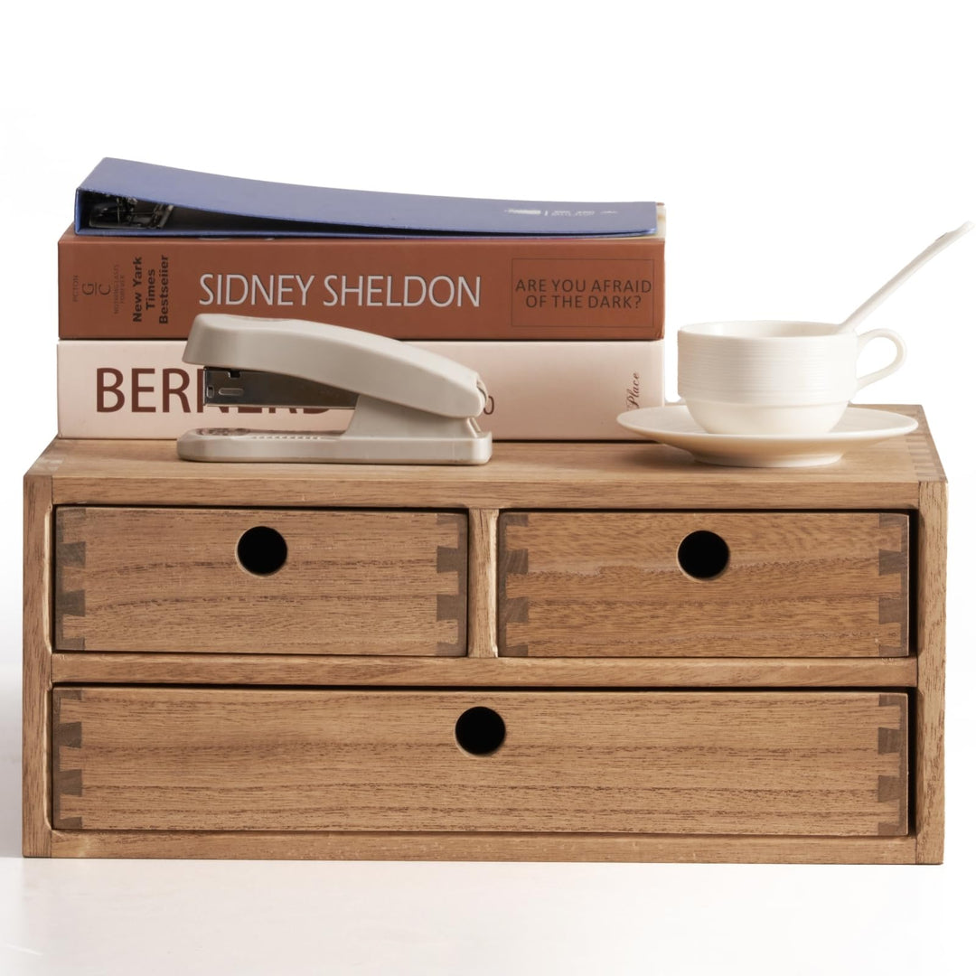 KIRIGEN Schreibtisch-Organizer aus Paulownia-Holz, 35 x 27 x 14,7 cm, Schubladenbox mit 3 Schubladen