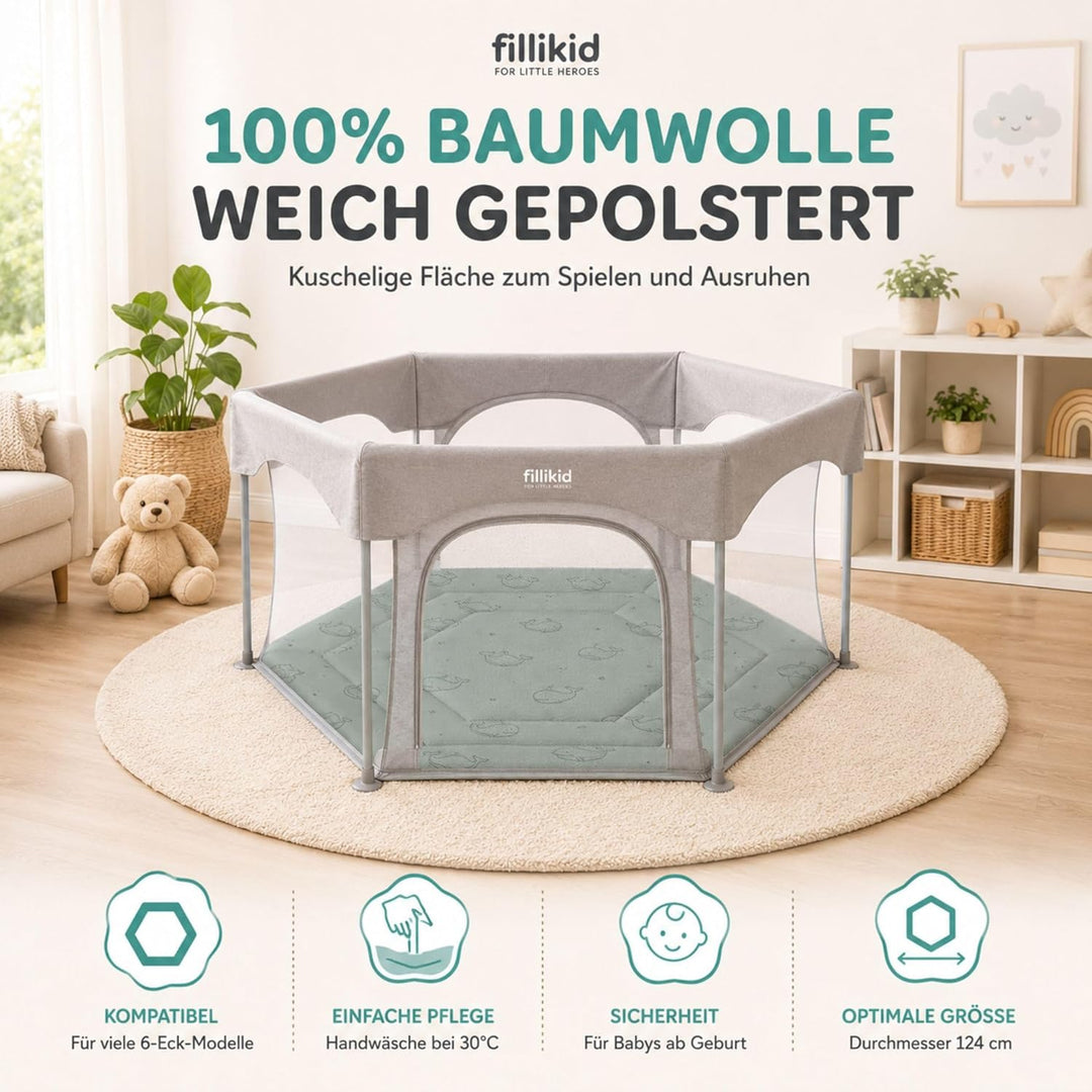 Fillikid Einlage Laufstall 6-eckig Exklusiv | Krabbeldecke Laufgitter 124 cm | Schutzeinlage Laufgit