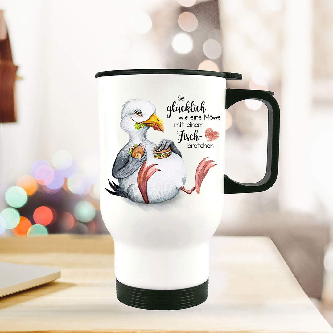 Thermobecher Tasse Becher Kaffeebecher Motiv Möwe Vogel Spruch Sei glücklich wie eine Möwe Geschenk