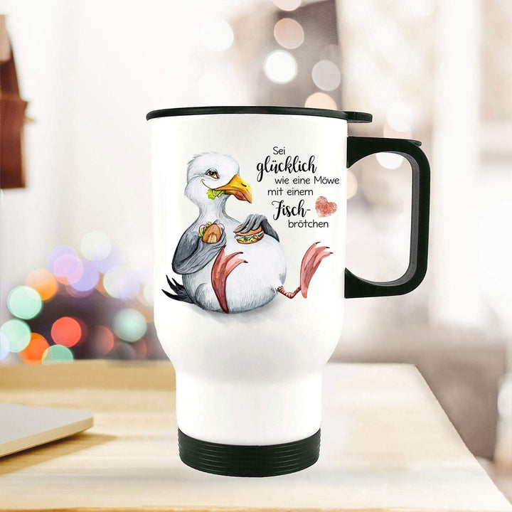 Thermobecher Tasse Becher Kaffeebecher Motiv Möwe Vogel Spruch Sei glücklich wie eine Möwe Geschenk