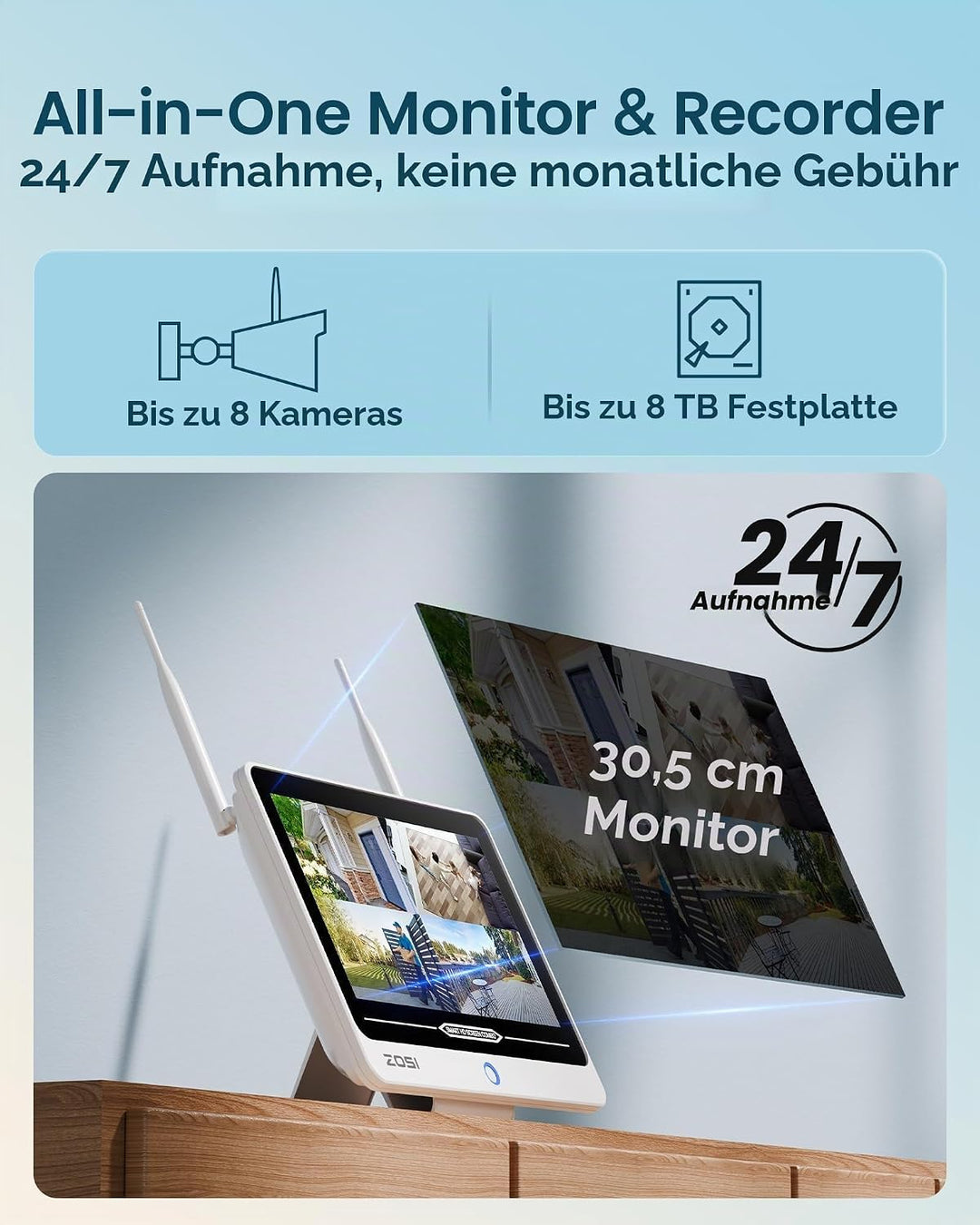 ZOSI 2K Wi-Fi 6 Überwachungskamera Set Aussen mit 12" Monitor-NVR, 500GB | 4x 3MP WLAN-Kameras mit 2