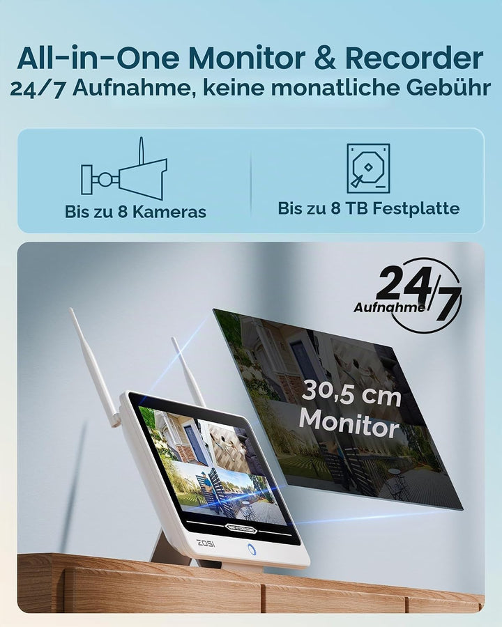 ZOSI 2K Wi-Fi 6 Überwachungskamera Set Aussen mit 12" Monitor-NVR, 500GB | 4x 3MP WLAN-Kameras mit 2