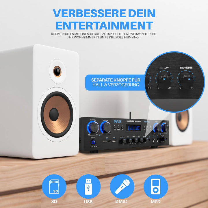 Pyle Amplifier, 800W Bluetooth Verstärker – 4-Kanal Mini Amp mit MP3, USB, AUX, SD, Mikrofon, FM, RC