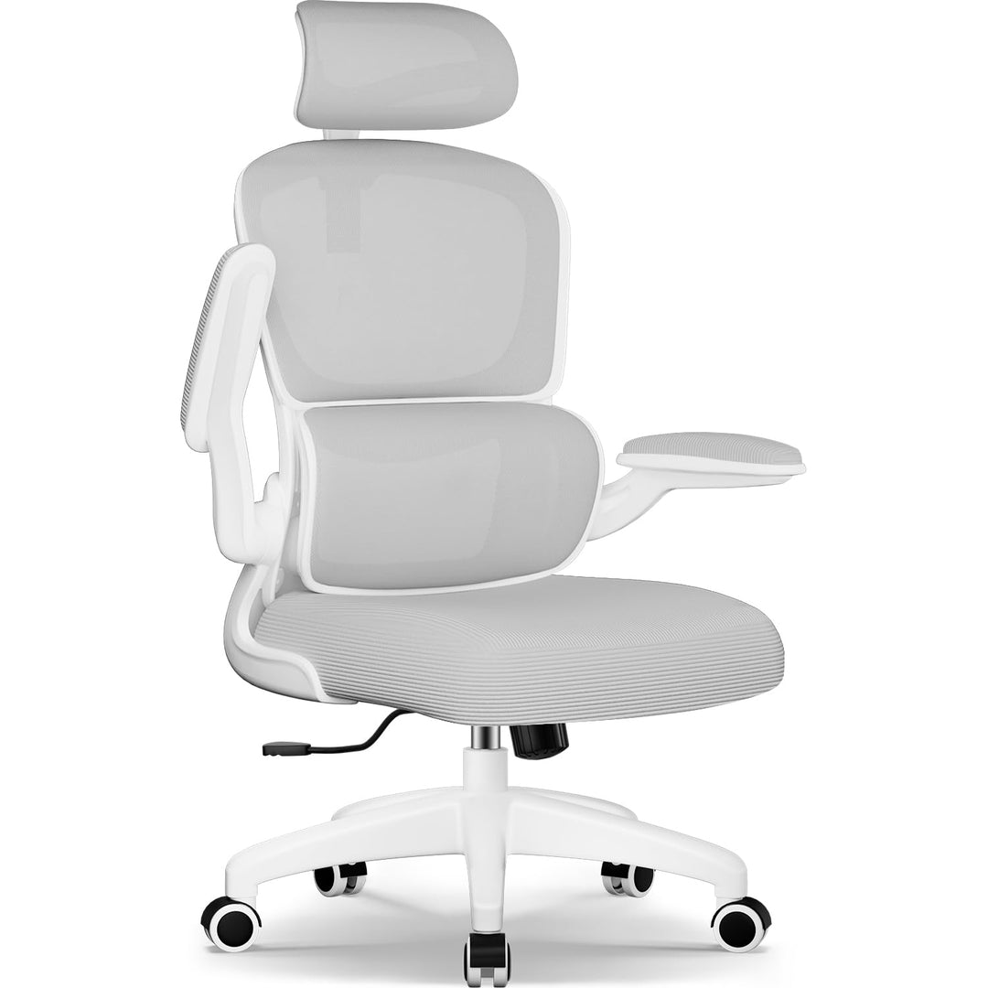 Bürostuhl, Bürostuhl Ergonomisch mit Klappbaren Armlehnen und Lendenwirbelstütze, Verstellbarer Kopf