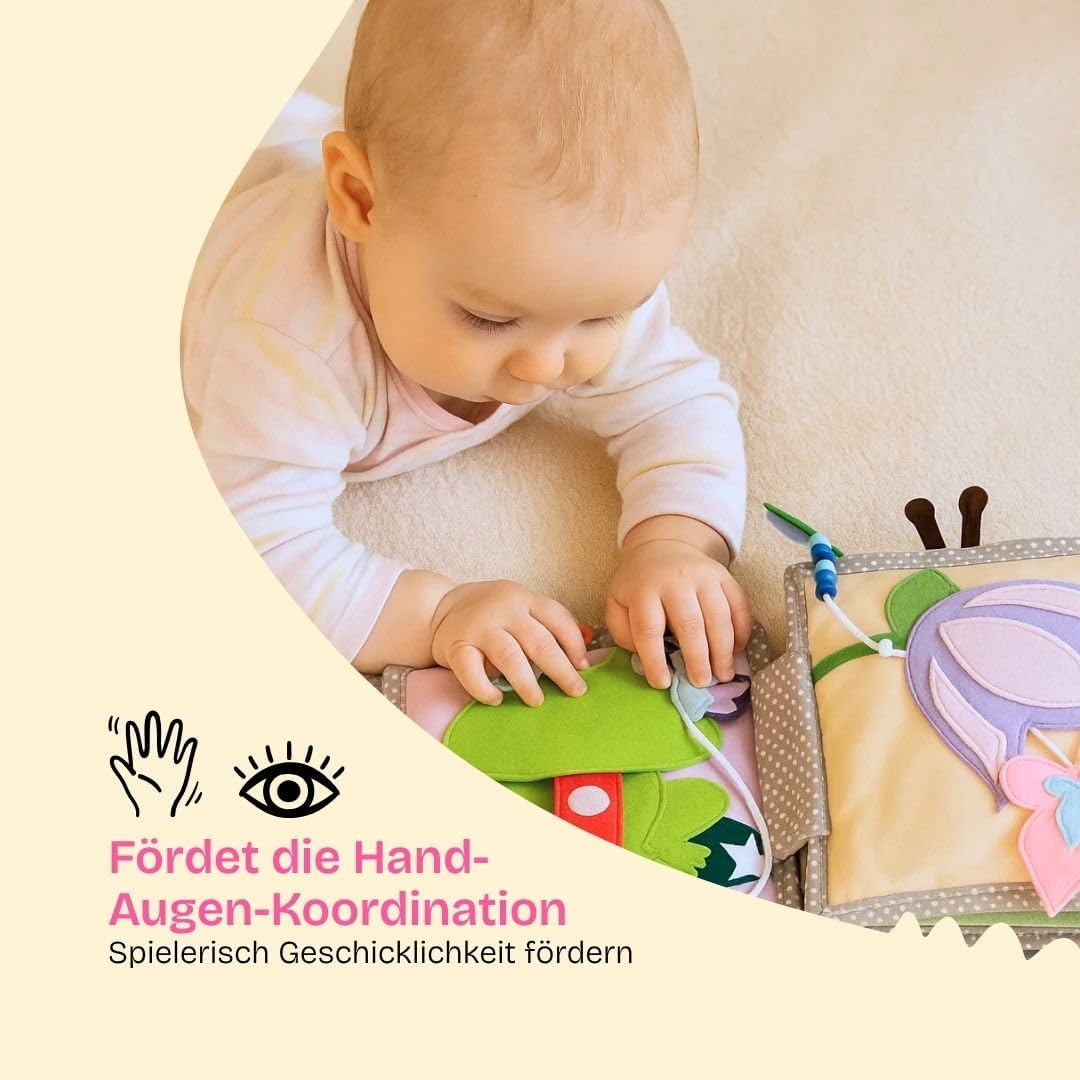 Jolly Designs – Mini Quiet Book Schillernder Papagei – Montessori Spielzeug ab 6 Monaten – Motorik &