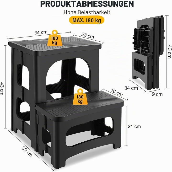 Tritthocker faltbar für Erwachsene, Rutschfester Klapphocker 2-stufig belastbar bis 180KG, Tragbarer