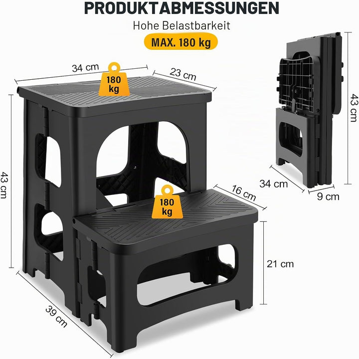 Tritthocker faltbar für Erwachsene, Rutschfester Klapphocker 2-stufig belastbar bis 180KG, Tragbarer