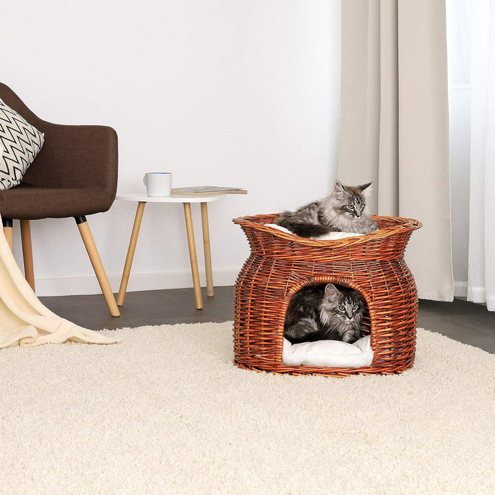 lionto Weidenkorb für Katzen und kleine Hunde mit 2 weichen Liegekissen, 55x39x43 cm, gemütlicher Ka