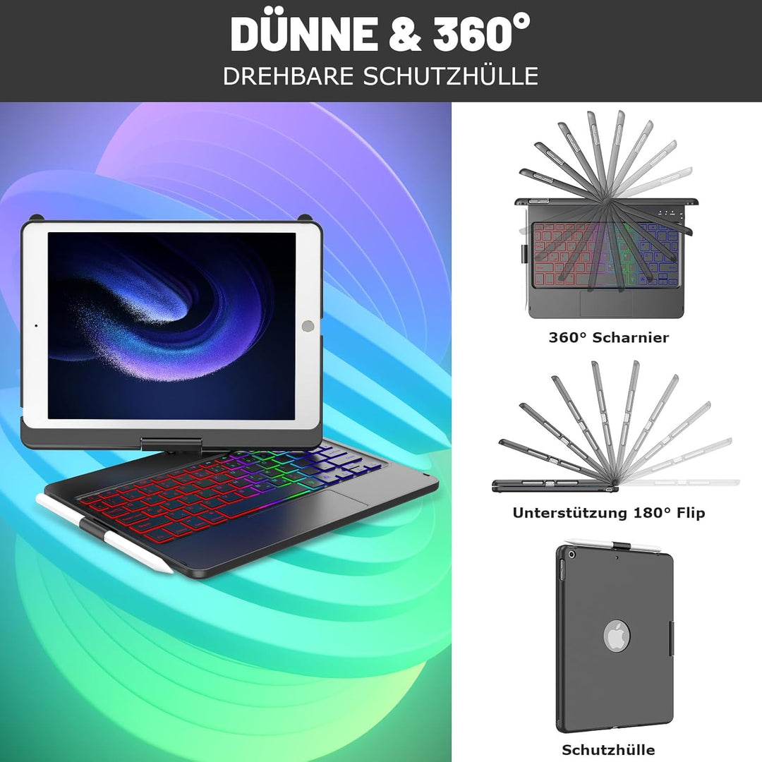 CC Store Hülle mit Tastatur für iPad 10.2, 360° Drehbare Touchpad Tastatur für iPad 9/8/7 Generation