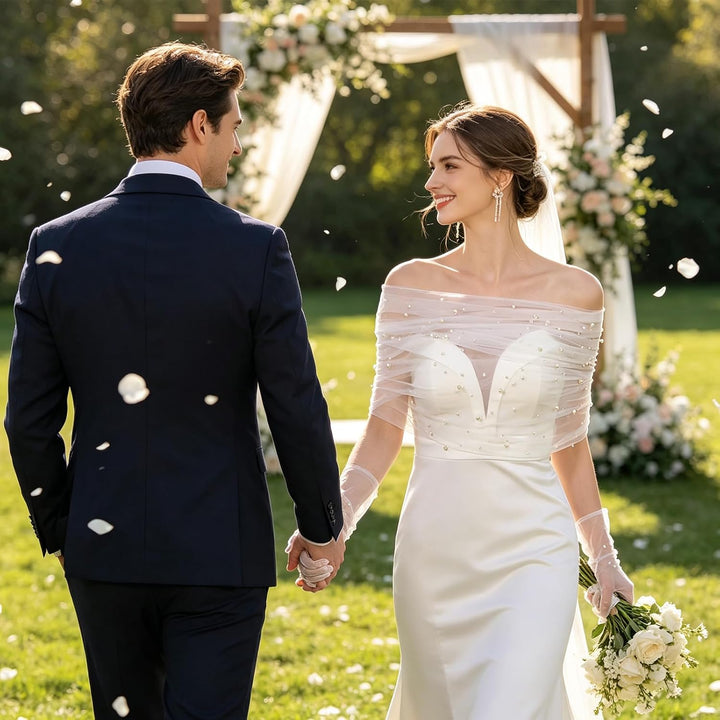 NICENEEDED Weisser Tüll Brautschal Perlen Brautumhang Hochzeit Schulterfreie Capelets Spitze Schal F