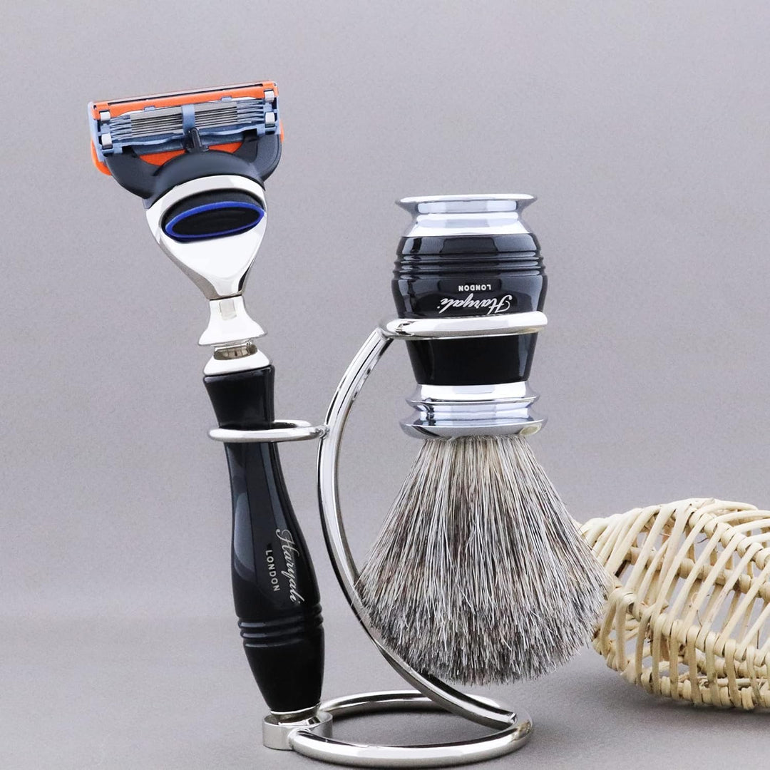 Pur Schwarz Dachs Rasier bürste, Rasierer mit Schwarzer Griff & Edelstahl Ständer mit Crome Finish.