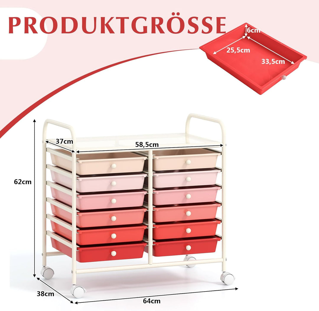 COSTWAY Rollwagen mit 12 stapelbaren Schubladen, Schubladenwagen Rollcontainer mit Metallgestell & A