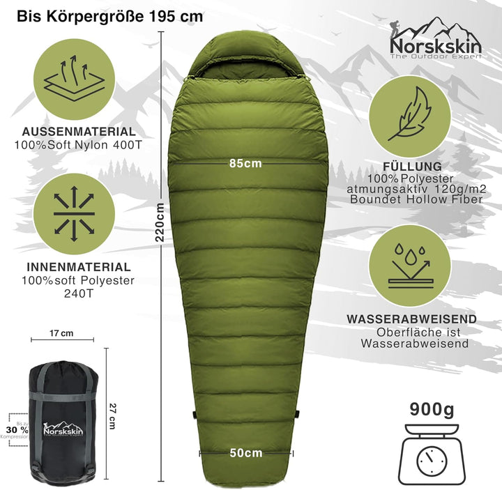 Mumienschlafsack Norskskin Ultralight 220 Grün Koppelbar Extrem - 6°C Schlafsack mit Kopfkissenfach