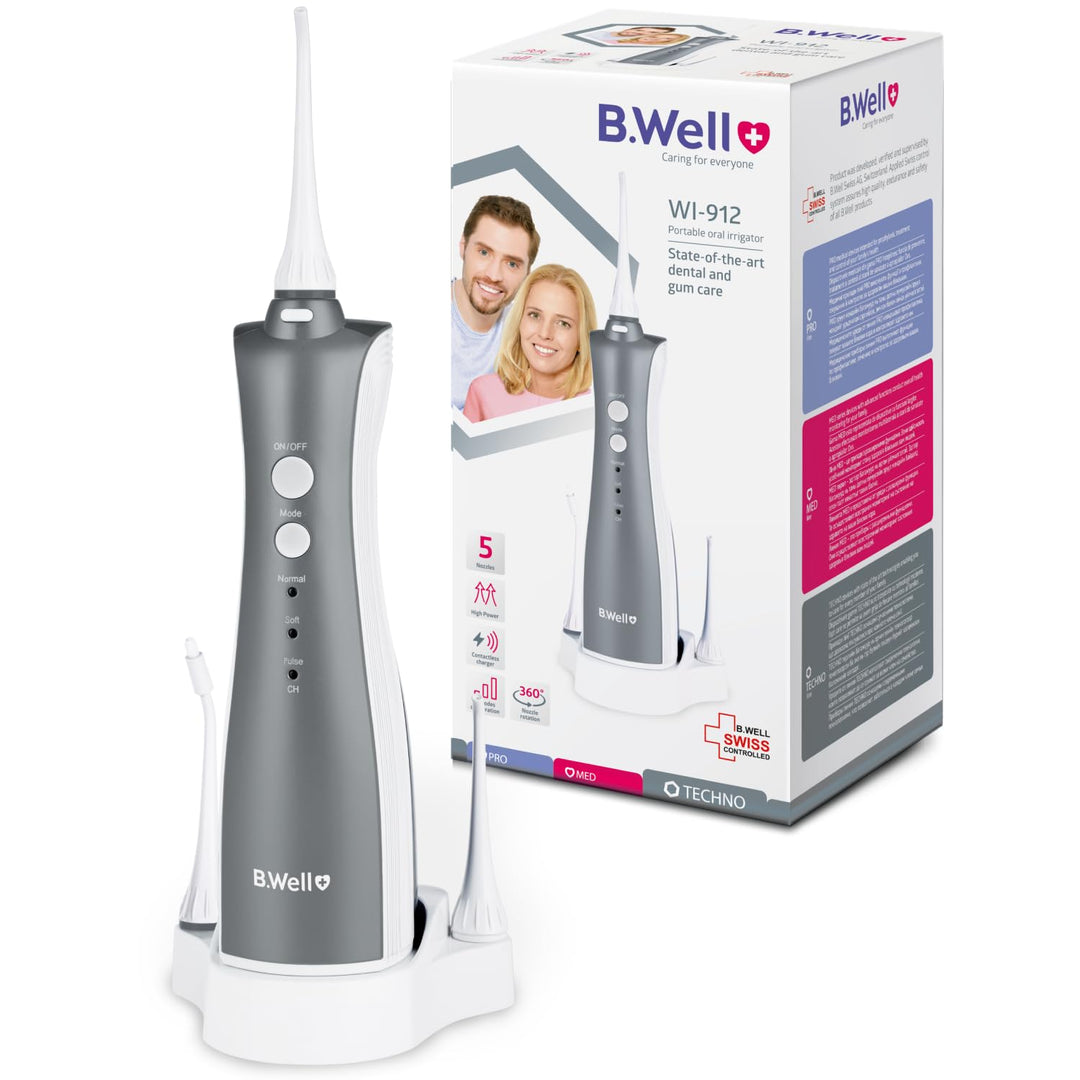 B.Well Swiss TH-912 tragbare und kabellose Munddusche, Praktisches Design mit 3 Betriebsmodi, 5 Düse