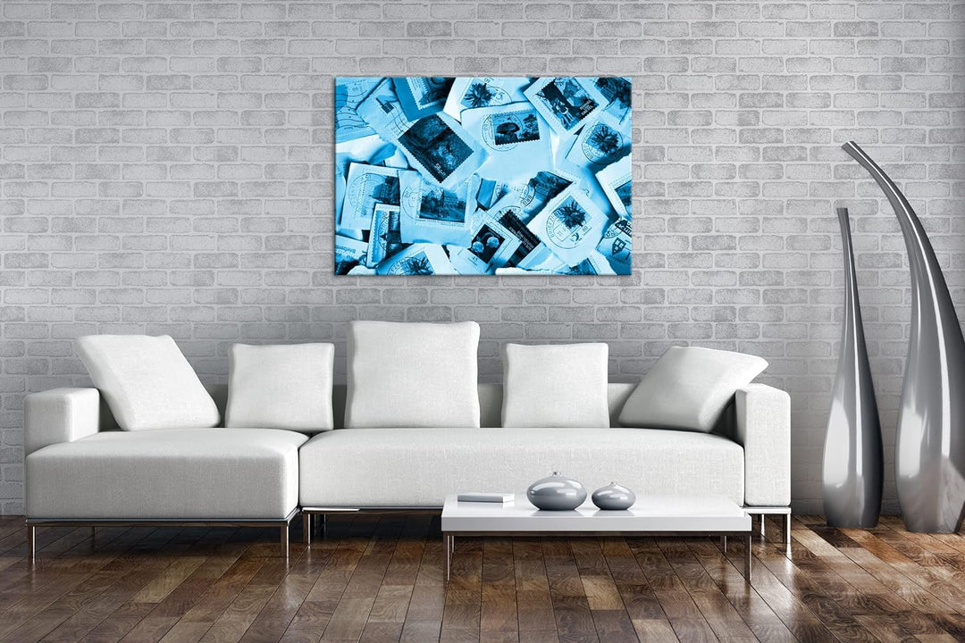 deyoli grosse Sammlung an Briefmarken Format 80x60 Effekt: Monocrome Blau als Leinwandbild, Motiv fe