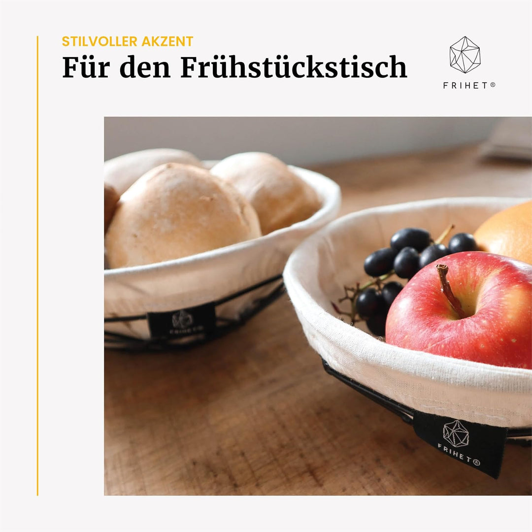 FRIHET 2-in-1 Brotkorb modern | Obstschale | Metall | 2er Set | waschbare Einlage aus 100% Baumwolle