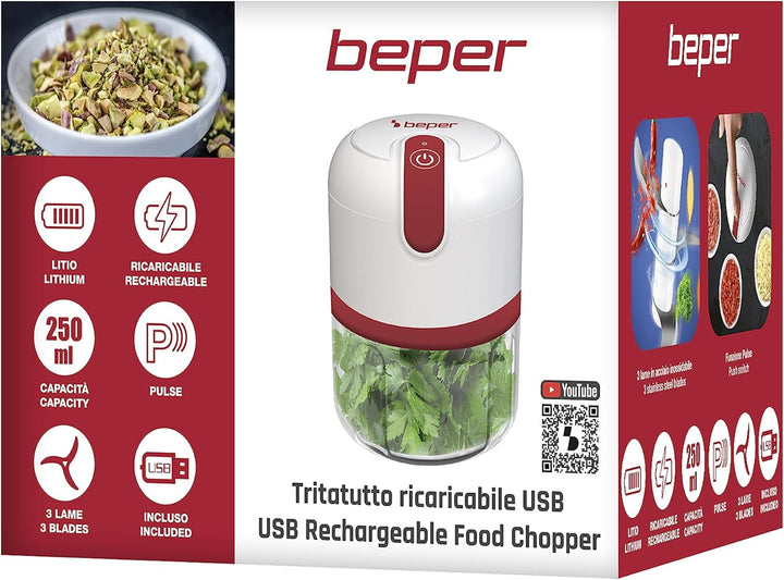 BEPER P102ROB050 Zerkleinerer mit USB-Anschluss, Mini-Küchenmaschine, Kapazität 250 ml, Leistung 3,7