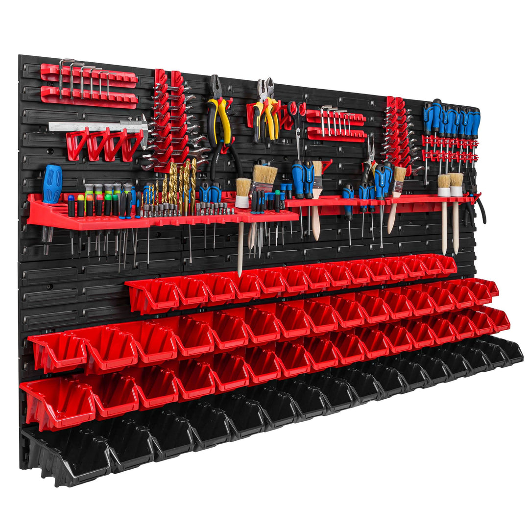 Lagersystem Werkstattregal | 156 x 78 cm | 62 stck. Box | Wandregal mit Werkzeughalterungen und Stap