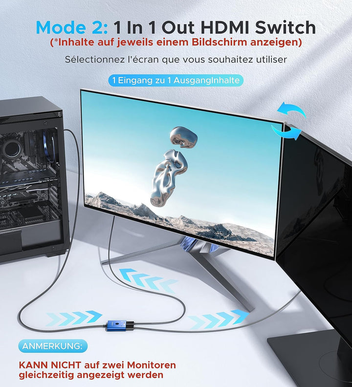 HDMI Switch 4K @ 60Hz, WARRKY HDMI Splitter 2 in 1 Out (1 Display at Time) 3.3 ft Braided Cable, Alu