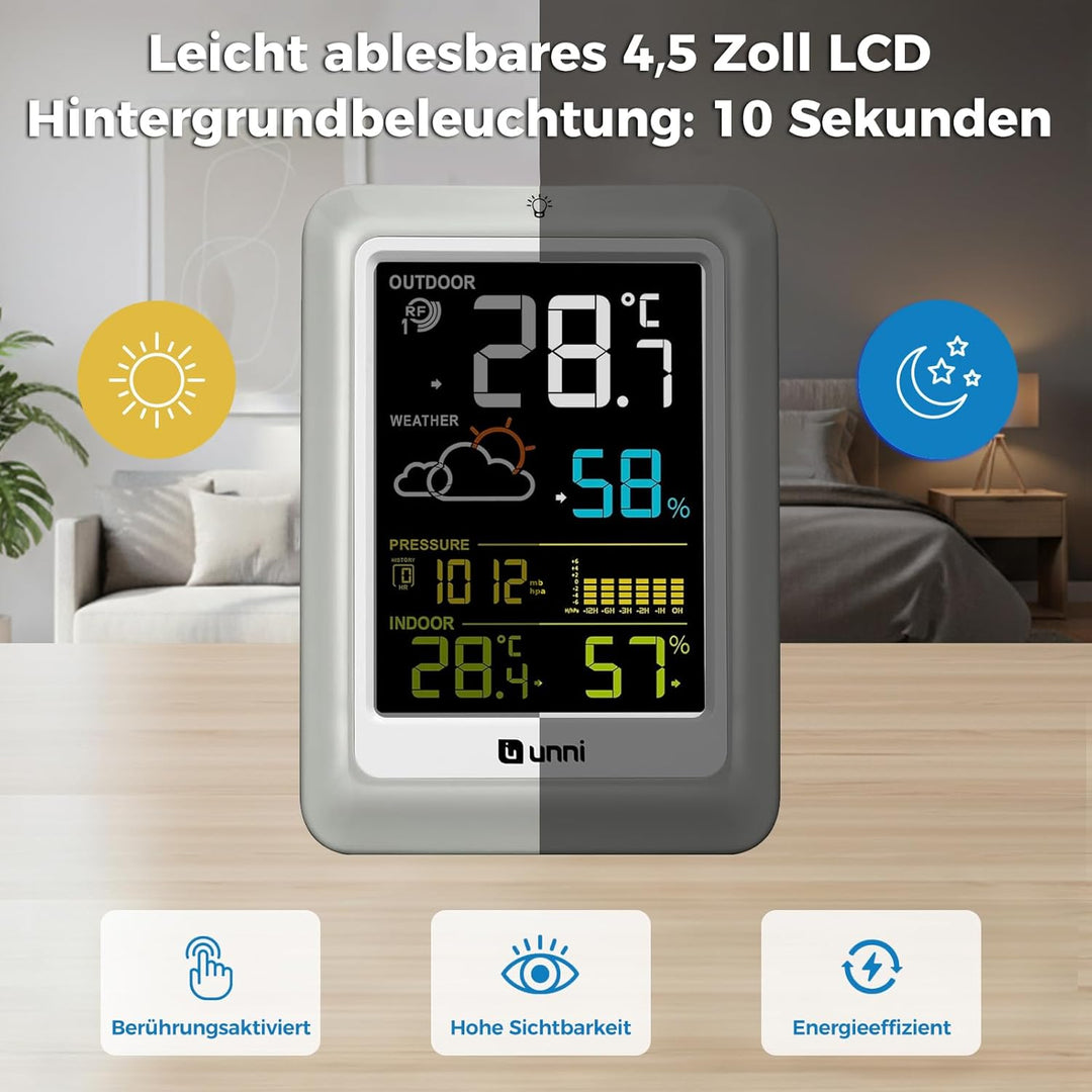 U UNNI Funk Wetterstation mit Aussensensor Batterien oder USB betrieben, Wettervorhersage Funkwetter